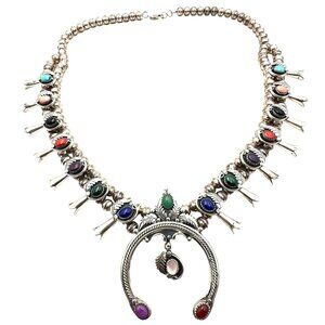 Native American M Haley Sterling Silver Gemstone Squash Blossom Necklace 100 GMS